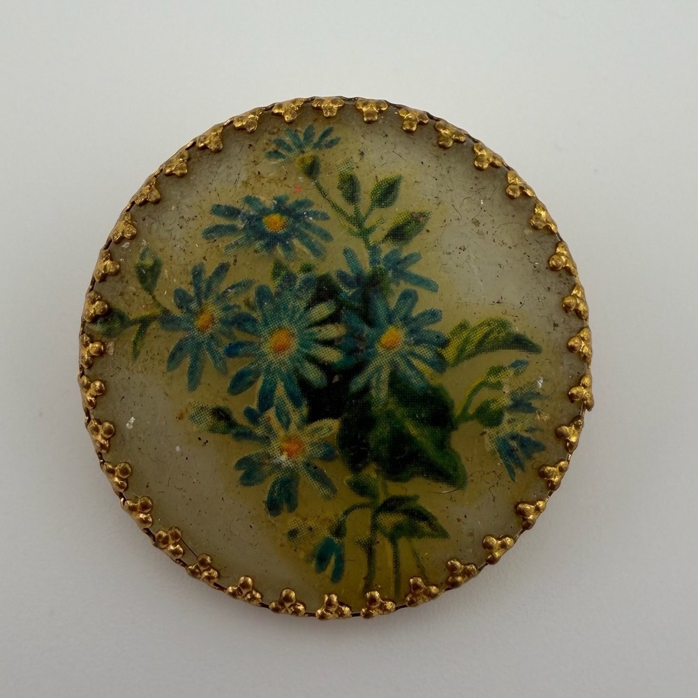 Small Gold Tone Blue Floral Scarf Clip Vintage Hand Painted Round